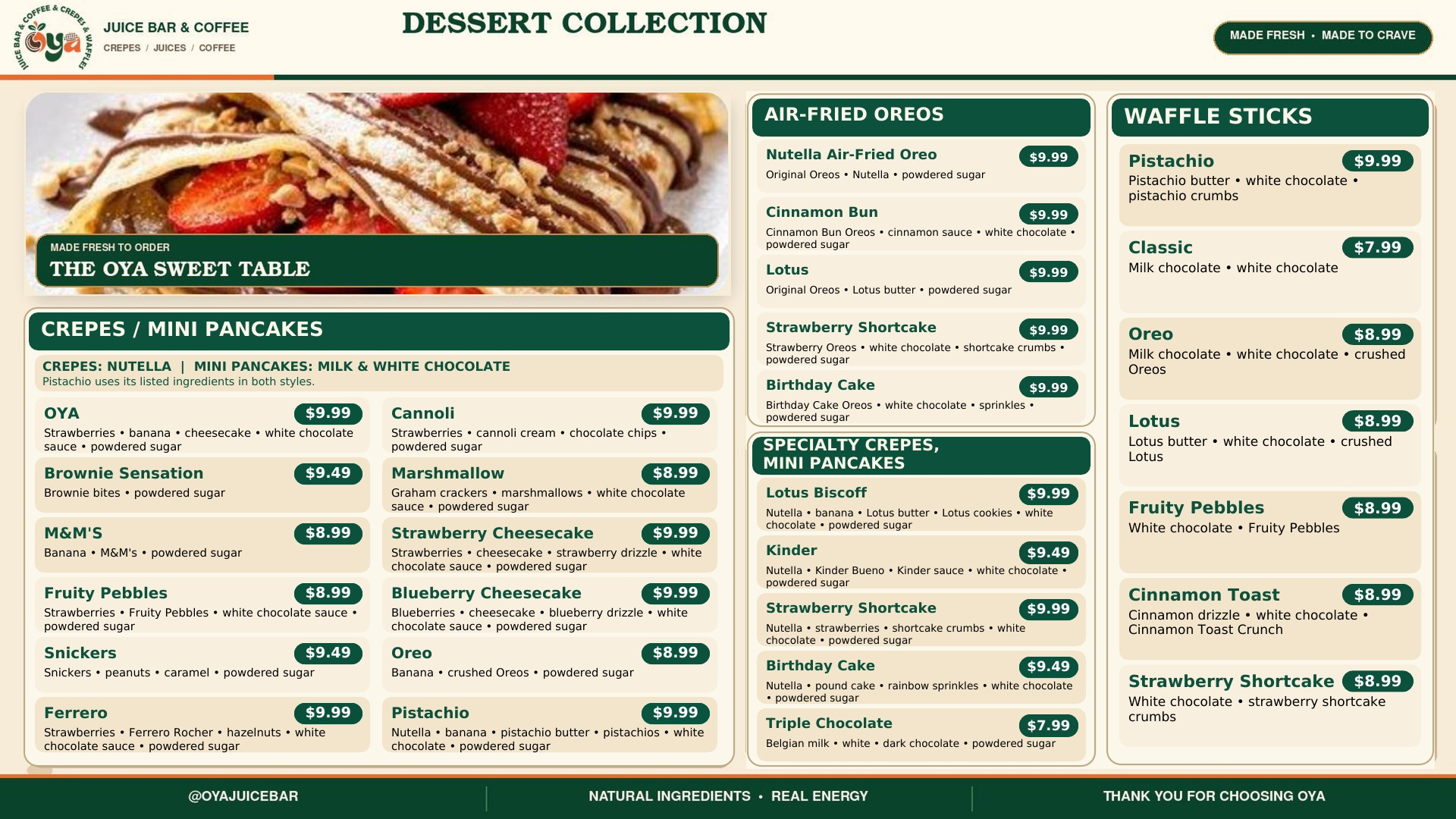 Detailed OYA crepes and pancakes menu with ingredients and prices